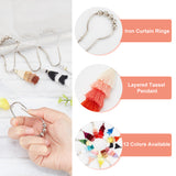 12Pcs 12 Color Iron Shower Bathroom Curtain Rings, with Polycotton Layered Tassel Pendant, Mixed Color, 128~135mm 1pc/color