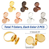 14Pcs 7 Colors Brass Cuff Ring Components, Pad Ring Base Findings, Flat Round, Mixed Color, Tray: 12mm, US Size 7 3/4(17.9mm), 2pcs/color