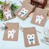 12Pcs 2 Colors Rectangle Linen Packing Pouches, Cute Baby Tooth Print Drawstring Bags, Mixed Color, 15.5x10.2x0.12cm, 6pcs/color