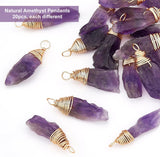 Natural Amethyst Pendants, with Real 18K Gold Plated Eco-Friendly Copper Wire, Nuggets, 26~31x8.5~9x5.5~7mm, Hole: 3mm, 20pcs/box
