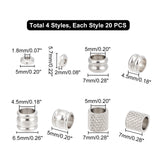 80Pcs 4 Style 304 Stainless Steel European Beads, Large Hole Beads, Column & Hexagon, Stainless Steel Color, 5~7x4.5~7mm, 1.8~4.5mm, 20pcs/style