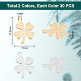 60Pcs 2 Colors 201 & 304 Stainless Steel Pendants, Clover, Mixed Color, 13.5x10x0.7~0.8mm, Hole: 1mm, 30pcs/color