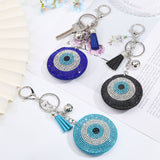 3Pcs 3 Colors Mcrofibre Handmade Turkish Evil Eye Rhinestone Pendant Keychain with Tassel Charm, for Handbag Backpack Car Key Decoration, Mixed Color, 15.8cm, 1pc/color