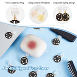 PVC Mobile Dustproof Plugs, with Alloy Enamel Pendants, Flat Round with Moon Phase, Black, 3.4cm, 10pcs/set