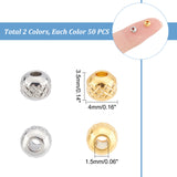 100Pcs 2 Color 304 Stainless Steel Beads, Textured, Round, Golden & Stainless Steel Color, 4x3.5mm, Hole: 1.5mm, 50pcs/color