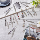 Feather Bookmarks, Gemstone Round Bead Bookmark, Tibetan Style Alloy Pendant Bookmarks, Angel/Fairy/Elf, Antique Silver, 176~213mm, 12 style, 1pc/style, 12pcs/set