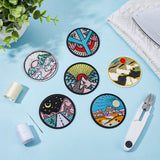 12Pcs 6 Style Mountain Theme Flat Round Patches, Computerized Embroidery Cloth Iron on Patches, Costume Accessories, Mixed Patterns, 61x1.8mm, 2pcs/style