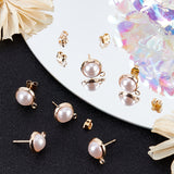 20Pcs Brass Stud Earring Findings, with ABS Plastic Imitation Pearl, 925 Sterling Silver Pins & Horizontal Loops, Half Round, with 20Pcs Brass Ear Nuts, Golden, 12.5x10mm, Hole: 1.8mm, Pin: 0.8mm