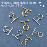 8Set 4 Style Brass Toggle Clasps, Long-Lasting Plated, Flower, Cadmium Free & Lead Free, Mixed Color, Ring: 12~16x10~13x2~3mm, Hole: 1.4mm, Bar: 17~20x4.5~5x2.5~3mm, 8set