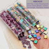 336Pcs 2 Size Glass Seed Beads, 2-Hole, Rectangle, Rainbow Plated, 4.5~5x2~5.5x2~2.5mm, Hole: 0.5~0.8mm