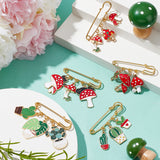 5Pcs 5 Style Stainless Steel Safety Pin Brooches, Alloy Enamel Brooches, Cactus/Pot/Mushroom, Mixed Color, 32~45mm, 1pc/style