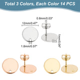 Vacuum Plating 304 Stainless Steel Stud Earring Findings, with Loop and Flat Plate, Flat Round, Golden & Rose Gold & Stainless Steel Color, 12x1mm, Hole: 1.8mm, Pin: 0.8mm, 3colors, 14pcs/color, 42pcs/box