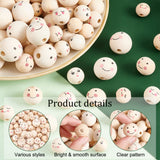 120Pcs 6 Styles Printed Natural Wood European Beads, Undyed, Large Hole Beads, Round with Smiling Face Pattern, Mixed Color, 13~25x13.5~23.5mm, Hole: 3.5~5.5mm, 20pcs/style