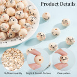 100Pcs Printed Wood European Beads, Large Hole Bead, Round with Cat Face Pattern, Cornsilk, 19x18mm, Hole: 4.7mm