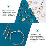 60Pcs 4 Style Brass Beads Frames, Long-Lasting Plated, Hexagon & Flower & Round Ring, Real 24K Gold Plated, 8~10x8~10x2~3mm, Hole: 0.5~1.2mm, 15pcs/style