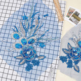 3D Flower Polyester Embroidery Sew on Flower Appliques, with Paillettes & Acrylic Rhinestones, Sewing Craft Decoration for Wedding Dress, Cheongsam, Medium Blue, 350~400x270~290x6.5mm