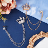 2Pcs 2 Colors Crystal Rhinestone Crown Hanging Chain Brooches, Men's Suit Collar Alloy Lapel Pins, Platinum & Golden, 150mm, 1Pc/color