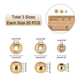 60Pcs 3 Style Brass Beads, with Rubber Inside, Slider Beads, Stopper Beads, Long-Lasting Plated, Round, Real 18K Gold Plated, 4~7x3~5mm, Hole: 1~2mm, 20pcs/style