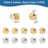 10Pcs 2 Colors 304 Stainless Steel Beads, Dice, Golden & Stainless Steel Color, 10x10x10mm, Hole: 2mm, 5pcs/color