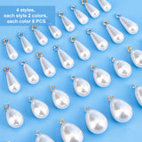 64Pcs 8 Style ABS Plastic Imitation Pearl Pendants, with Alloy Loops, Teardrop, Platinum & Golden, 16~26x5.5~10mm, Hole: 1.8~2mm, 8pcs/style