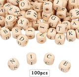 Natural Wooden European Beads, Large Hole Beads, Undyed, Cube with Letter, Antique White, 14x13.5x13.5mm, Hole: 5.5mm, 100pcs