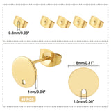 Vacuum Plating 304 Stainless Steel Stud Earring Findings, with Loop and Flat Plate, Flat Round, Golden, 8x1mm, Hole: 1.5mm, Pin: 0.8mm, 40pcs/box