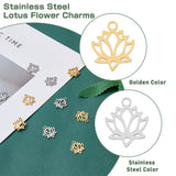 16Pcs 2 Colors 304 Stainless Steel Pendants, Laser Cut, Manual Polishing, Hollow, Lotus, Golden & Stainless Steel Color, 22x24.5x1.5mm, Hole: 1.5mm