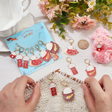 12Pcs 6 Style Alloy Enamel Fortune Cat Charm Locking Stitch Markers, with Gold Tone 304 Stainless Steel Leverback Earring Findings, Red, 3.5~5.3cm, 2pcs/style