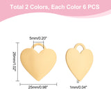 12Pcs 2 Colors 304 Stainless Steel Pendants, Heart, Golden & Stainless Steel Color, 26x25x1mm, Hole: 5x7mm, 6pcs/color