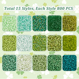 12000Pcs 15 Style 12/0 Opaque Glass Seed Beads, Round, Small Craft Beads for DIY Jewelry Making, Green, 2~3x1.5~2mm, Hole: 1mm, about 800Pcs/style