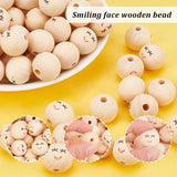 100Pcs Printed Wood Beads, Round with Smiling Face Pattern, Undyed, BurlyWood, 20x17.5mm, Hole: 4.7mm