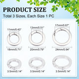 3Pcs 3 Styles 304 Stainless Steel Spring Gate Rings, O Rings, Stainless Steel Color, 18~24x3.5mm, 7 Gauge, Inner Diameter: 11~17mm, 1pc/style