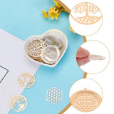 36Pcs 6 Style Rack Plating Brass Filigree Pendants Sets, Long-Lasting Plated, Flat Round with Tree of Life & Flower, Mixed Color, 31~35x30~35x0.3mm, Hole: 0.9mm, 6pcs/style