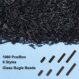 1980Pcs 8 Style Glass Bugle Beads, Opaque & Frosted Colours, Black, 5~12x2mm, Hole: 0.5mm