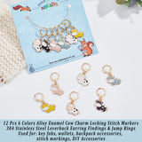 12Pcs 6 Colors Alloy Enamel Cow Charm Locking Stitch Markers, with 304 Stainless Steel Leverback Earring Findings & Jump Rings, Mixed Color, 36mm, Pin: 0.8mm, 2Pcs/Color