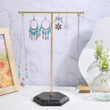 1 Set Golden Plated T Bar Iron Key Storage Jewelry Rack, Jewelry Display Holder with Hexagon Shaped MDF Base, for Earrings, Necklaces, Black, 18.5x9x26cm