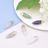 Top Golden Plated Natural & Synthetic Mixed Gemstone Pointed Pendants, with Iron Loops, Faceted, Bullet, 25~26x7~8mm, Hole: 1.8mm, 6materials, 1pc/material, 6pcs/box