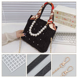 DIY Ribbon Knitting Women's Handbag Kits, including Plastic Mesh Canvas Sheets, Shoulder Strap, Bag Handle, Magnetic Clasp, Wax Cord, Needle, Screw, Ribbon, Black, 1.75~24.6x1.2~40x0.05~1.8cm