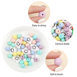 48Pcs 8 Style Food Grade Eco-Friendly Silicone Beads, Chewing Beads For Teethers, DIY Nursing Necklaces Making, Round & Star & Cloud with Smiling Face, Mixed Color, 11.5~21.5x11.5~29.5x8~12mm, Hole: 2mm, 6pcs/style