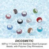 60pcs 10 colors 304 Stainless Steel European Beads, with Polymer Clay Rhinestone, Large Hole Beads, Rondelle, Mixed Color, 11x7.5mm, Hole: 5mm, 6pcs/color