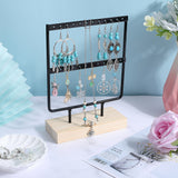1 Set 2-Tier Rectangle Iron Jewelry Dangle Earring Organizer Holder with Wooden Base, for Earring Storage, Black, Finished Product: 15.2x6x21cm