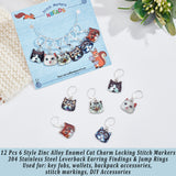 12Pcs 6 Style Zinc Alloy Enamel Cat Charm Locking Stitch Markers, with Brass Leverback Earring Findings & Iron Open Jump Rings & Plastic Ear Nuts, Mixed Color, 35mm, Pin: 0.8mm, 2Pcs/style