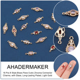 16Pcs 8 Style Brass Pave Cubic Zirconia Connector Charms, with Glass, Long-Lasting Plated, Light Gold, Mixed Shapes, Mixed Color, 17.5~19.5x7~8x3mm, Hole: 1.2mm, 2pcs/style