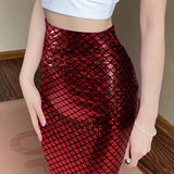 Sparkly Hologram Spandex Mermaid Printed Fish Scale Fabric, Stretch Fabric, Red, 100x150x0.03cm