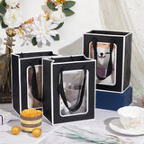 Rectangle Paper Gift Bags, with Clear Window, Shopping Bags with Handle, Candy Bag for Birthday, Wedding, Black, 20x15x10.3cm