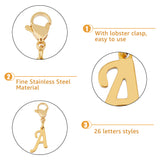 26Pcs 304 Stainless Steel Letter Pendant Decorations, Lobster Claw Clasps Charms, for Keychain, Purse, Backpack Ornament, Golden, Letter A~Z, 25~29mm, 26pcs/set, 1 set/box