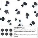 24Pcs 6 Style Flat Round with Textured 304 Stainless Steel Stud Earring Findings, with Ear Nuts/Earring Backs & Loop, Electrophoresis Black, 4pcs/style