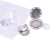 13x18mm Oval Transparent Glass Cabochons and Iron Flower Finger Ring Components Alloy Cabochon Bezel Settings for DIY, Antique Silver, 17mm inner diameter, Tray: 13x18mm