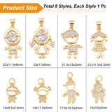 8Pcs 8 Style Brass Micro Pave Clear Cubic Zirconia Pendants, Girl or Boy, Real 18K Gold Plated, 14~23x9.5~17x2~6mm, Hole: 3~4mm, 1pc/style