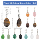 12Pcs 12 Colors Gemstone Pendant Decorations, with Brass Lobster Claw Clasps and Iron Findings, Teardrop, 46~48.5mm, 1pc/color